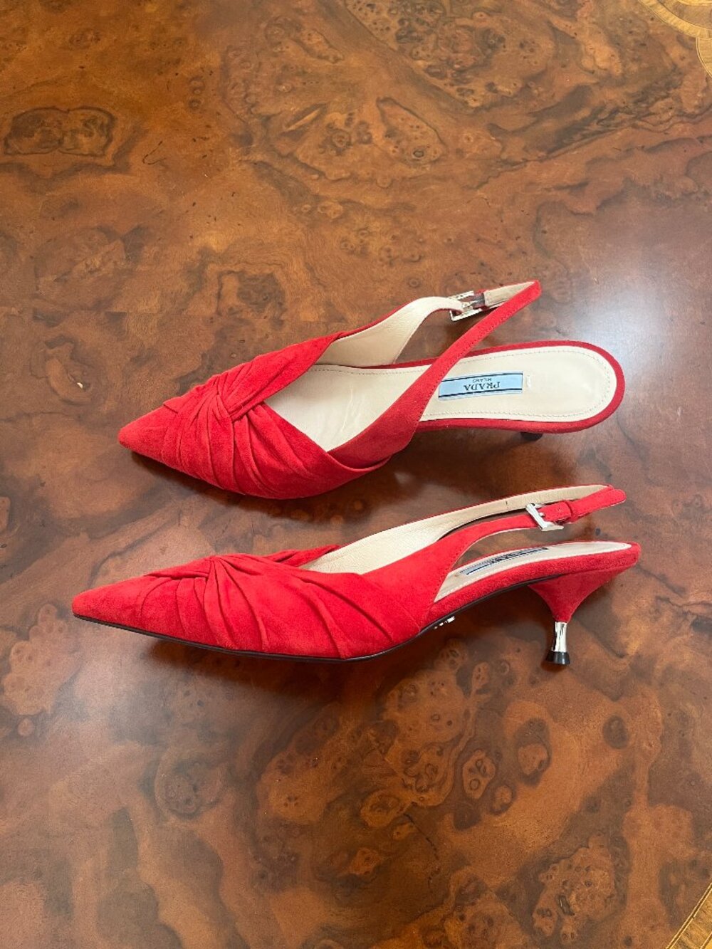PRADA Red Suede Twist Slingback Pointed Toe Sandals Size IT 38 US 7 - Picture 4 of 11